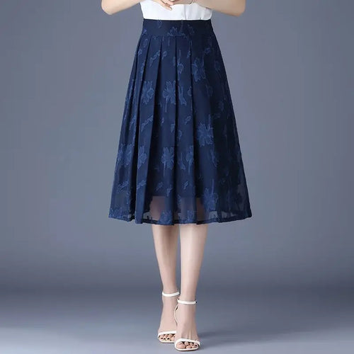 Summer Chiffon Embroidery Empire Mid-calf Floral A-line Skirt Hot Selling Office Lady Folds Temperament Women's Clothing Grace